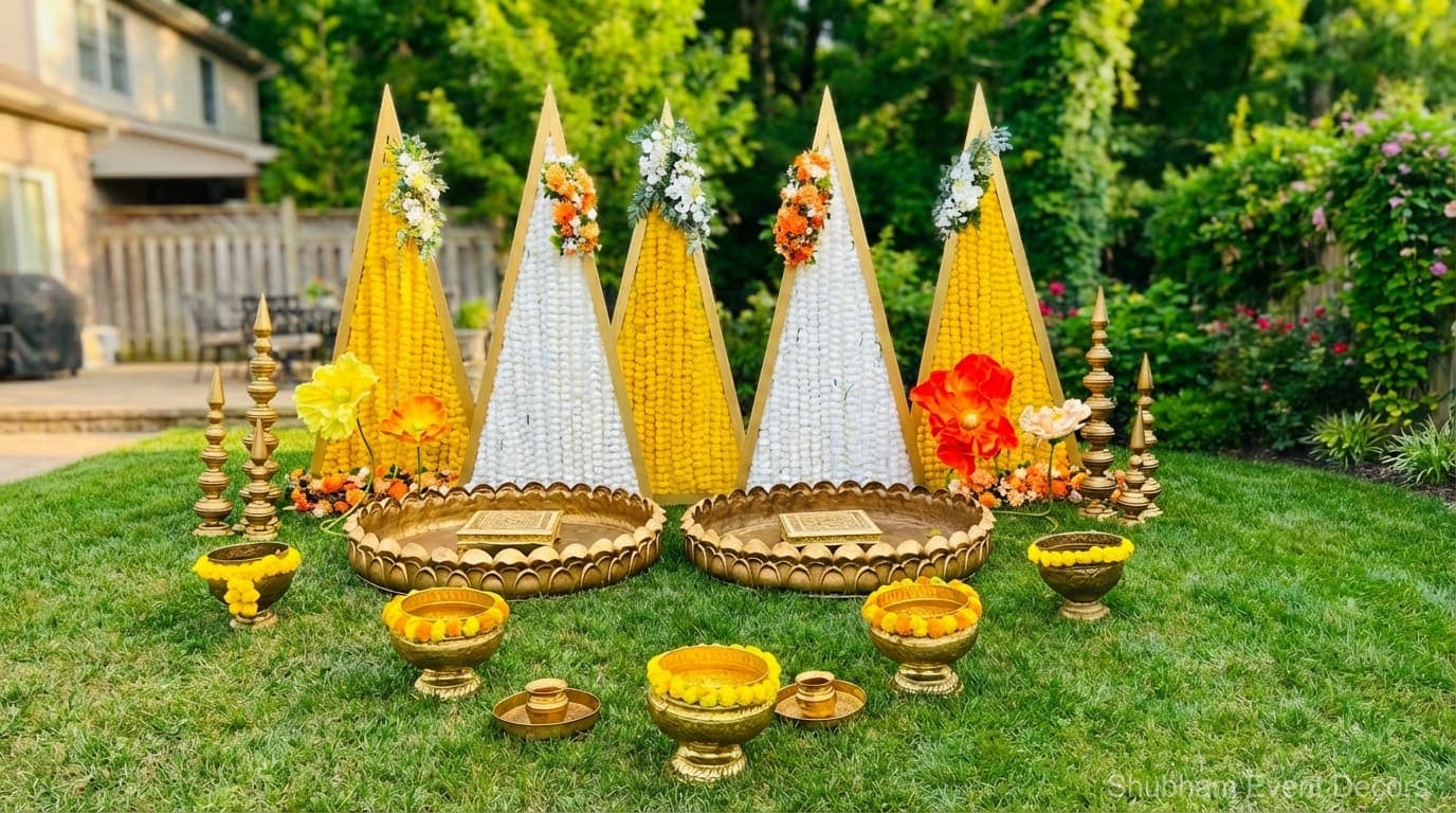 Outdoor haldi setting with yellow-and-white floral cones, brass vessels and low ceremonial seating